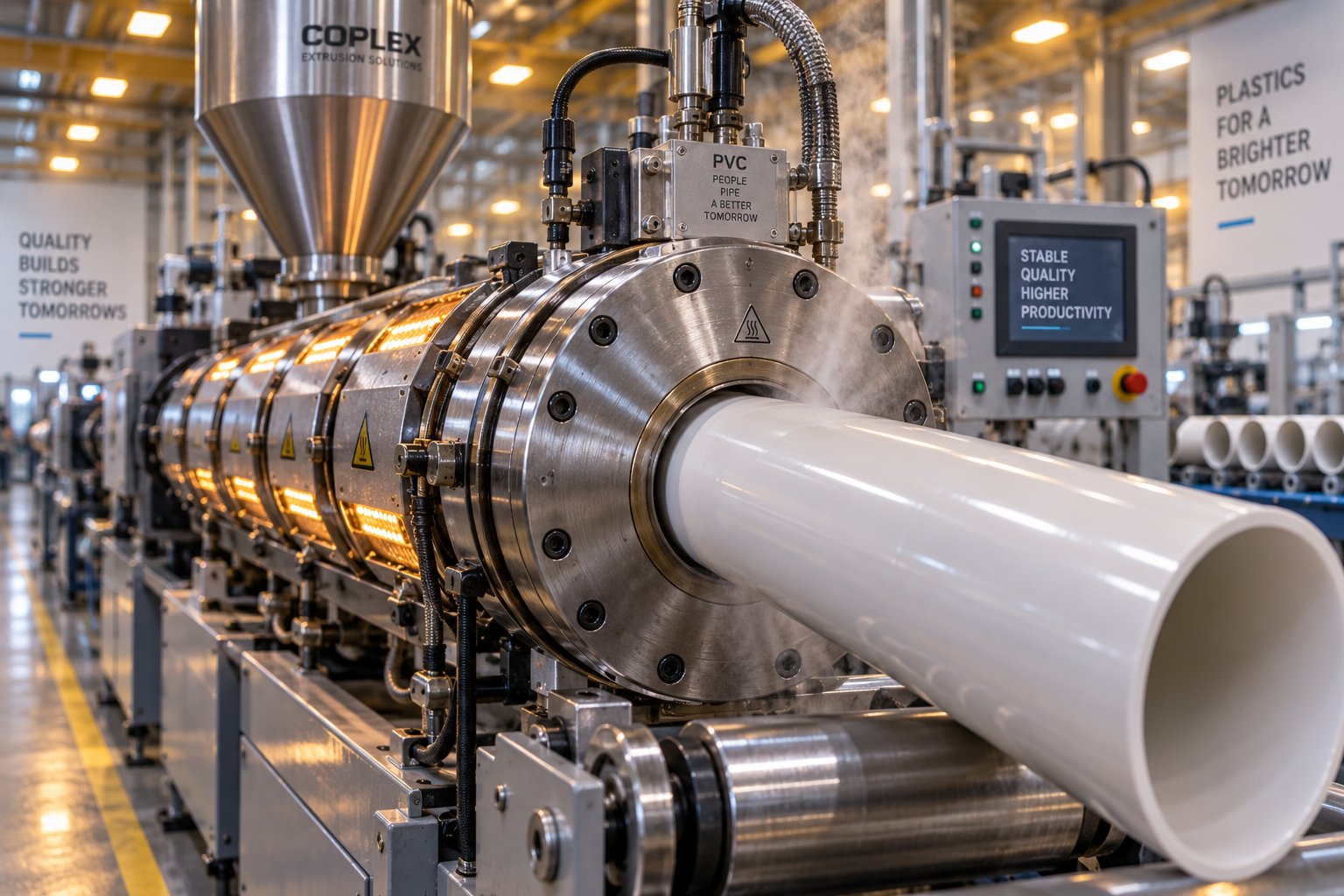 a pvc extrusion line in operation highlighting the barrel zones and die exit where systematic troubleshooting begins