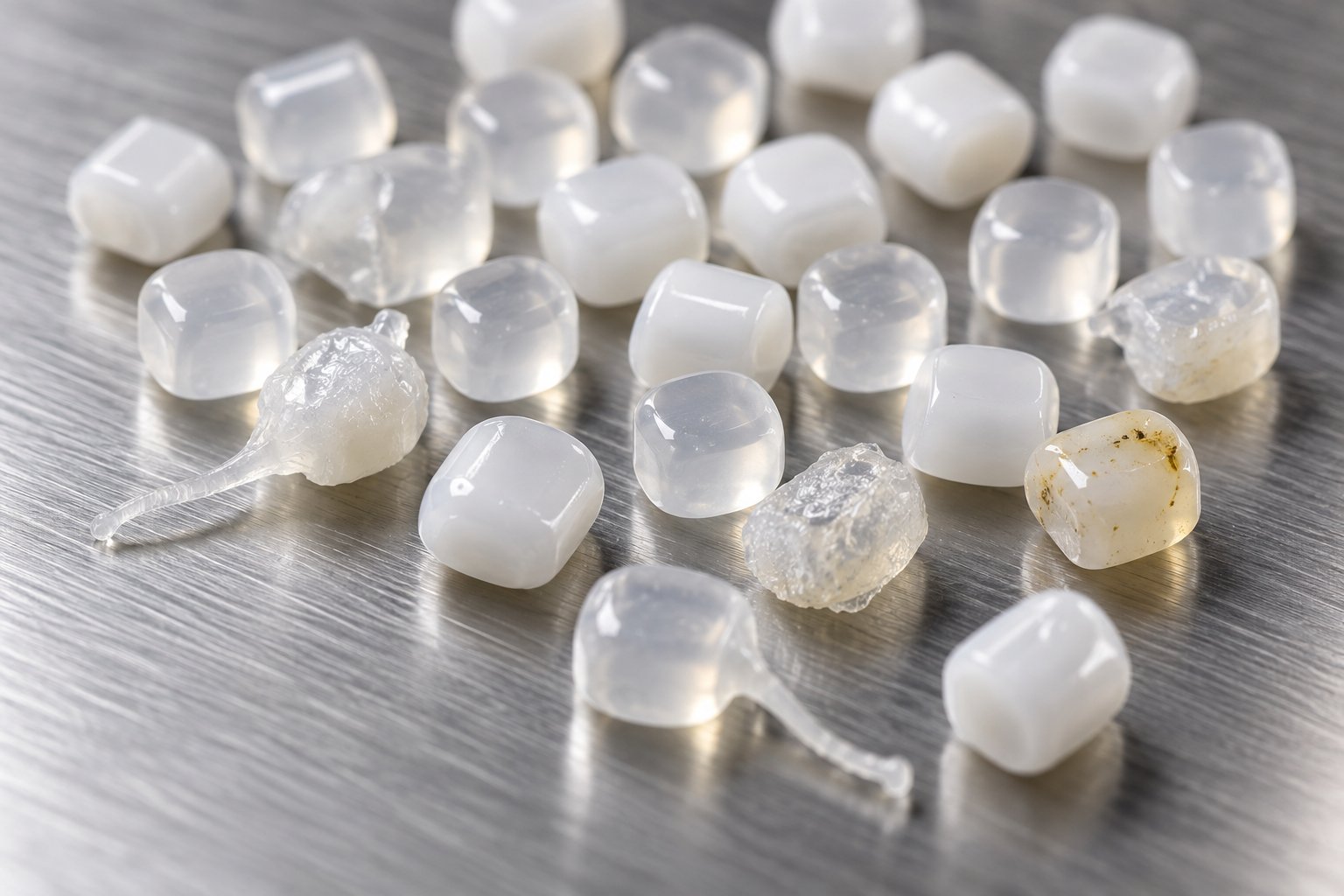 close up of plastic pellets showing quality benchmarks alongside common defects like tails and surface roughness