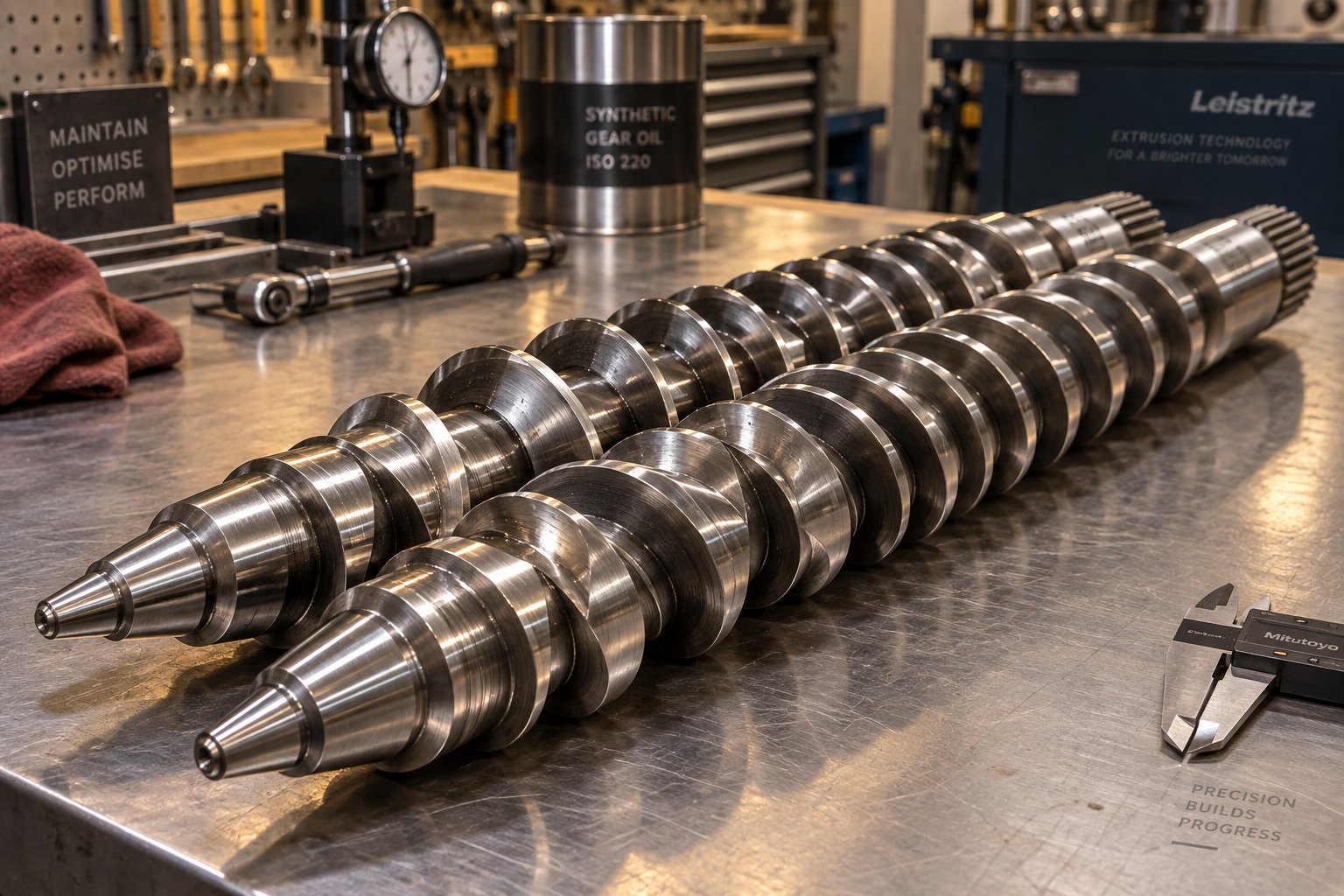conical twin extruder screws during a maintenance inspection showing the tapered geometry and machined flight surfaces
