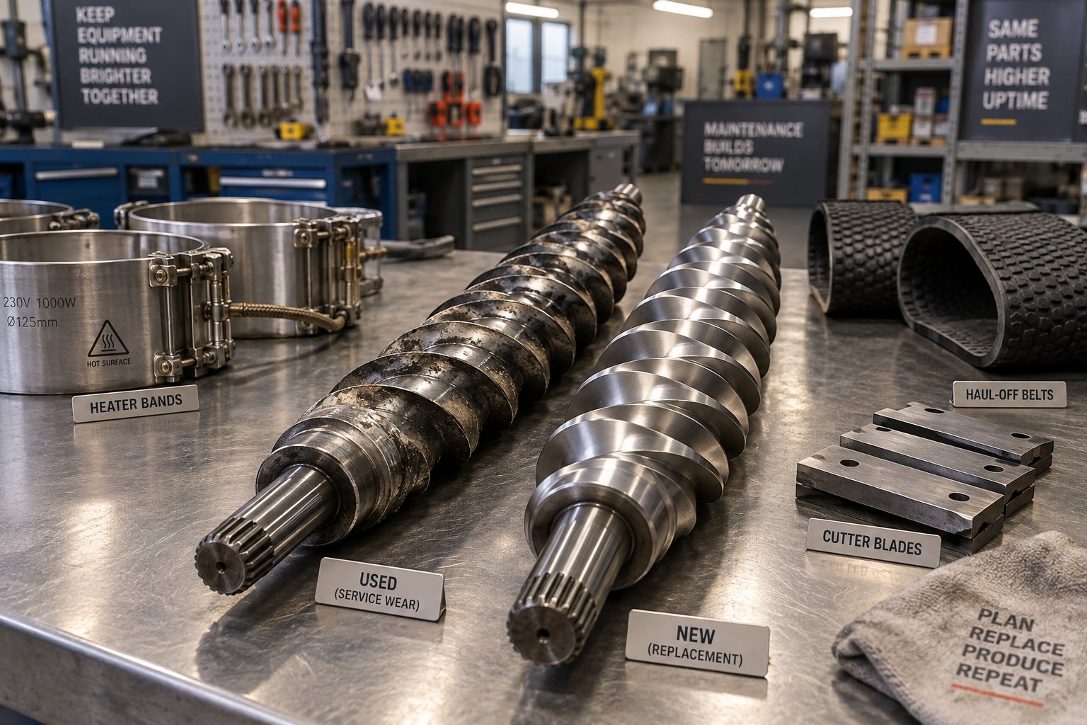 critical wear parts for a pvc foam board production line arranged for scheduled maintenance and replacement