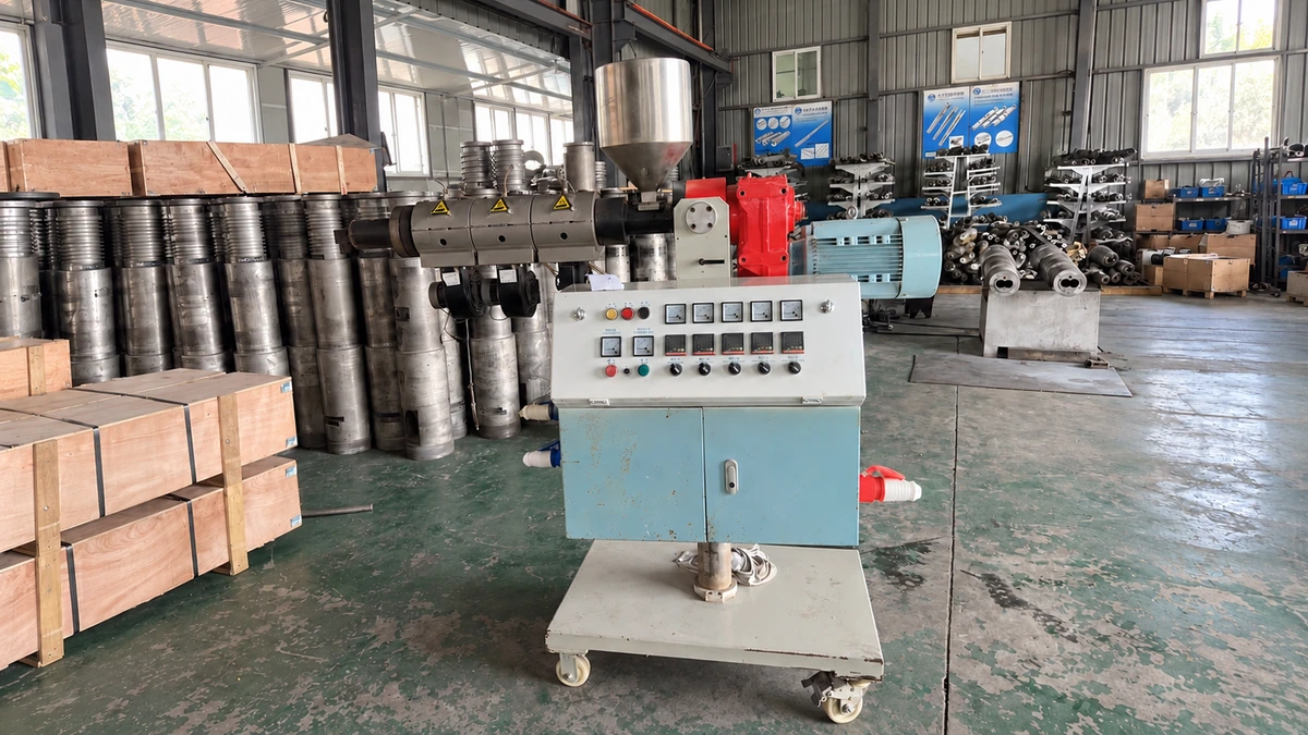 Small extruder with feed hopper, barrel heaters, blue drive motor and wheeled control cabinet