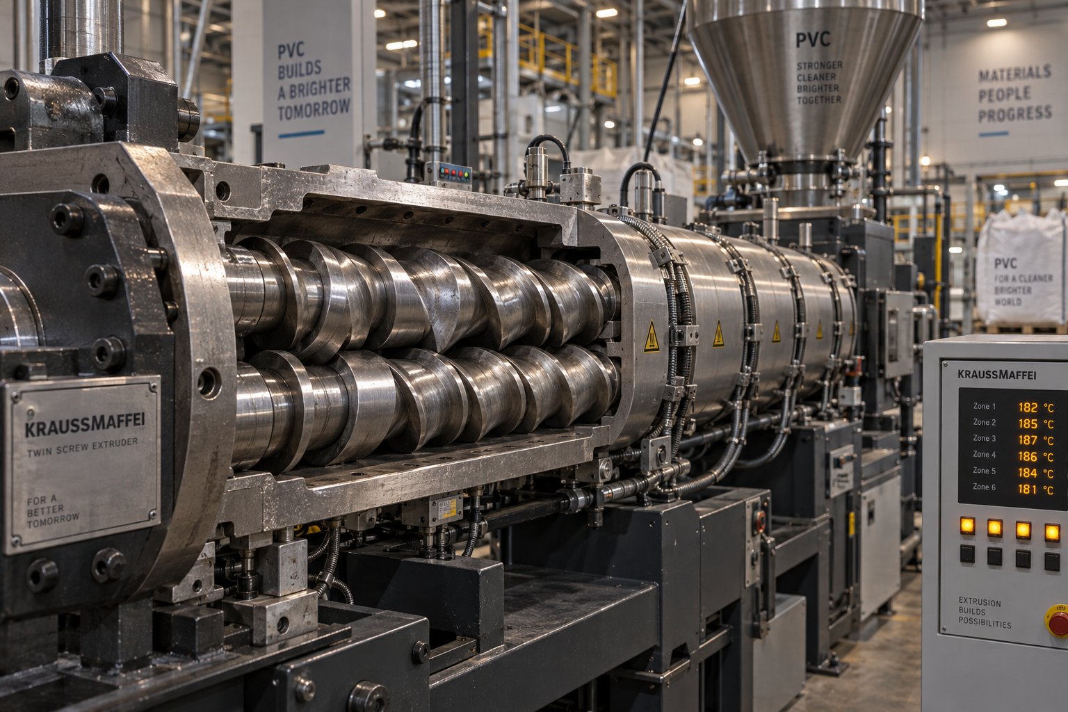 twin screw extruder for pvc showing intermeshing screw geometry inside a heated barrel assembly