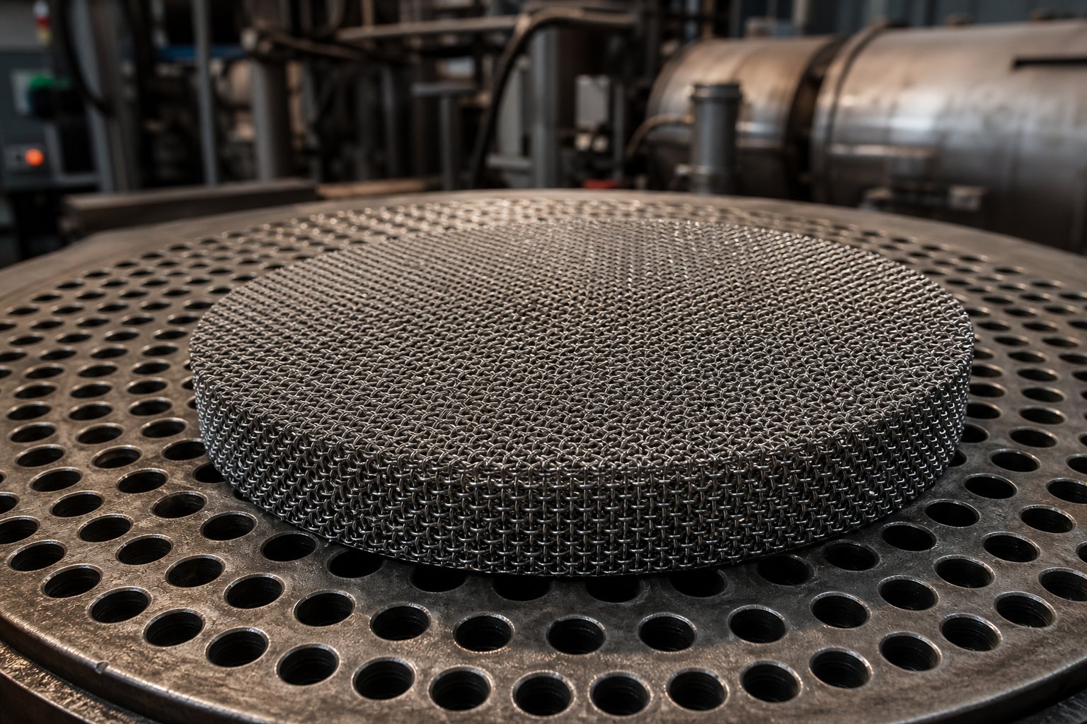 a woven wire mesh screen pack disc seated on a perforated breaker plate the core filtration assembly in plastic extrusion