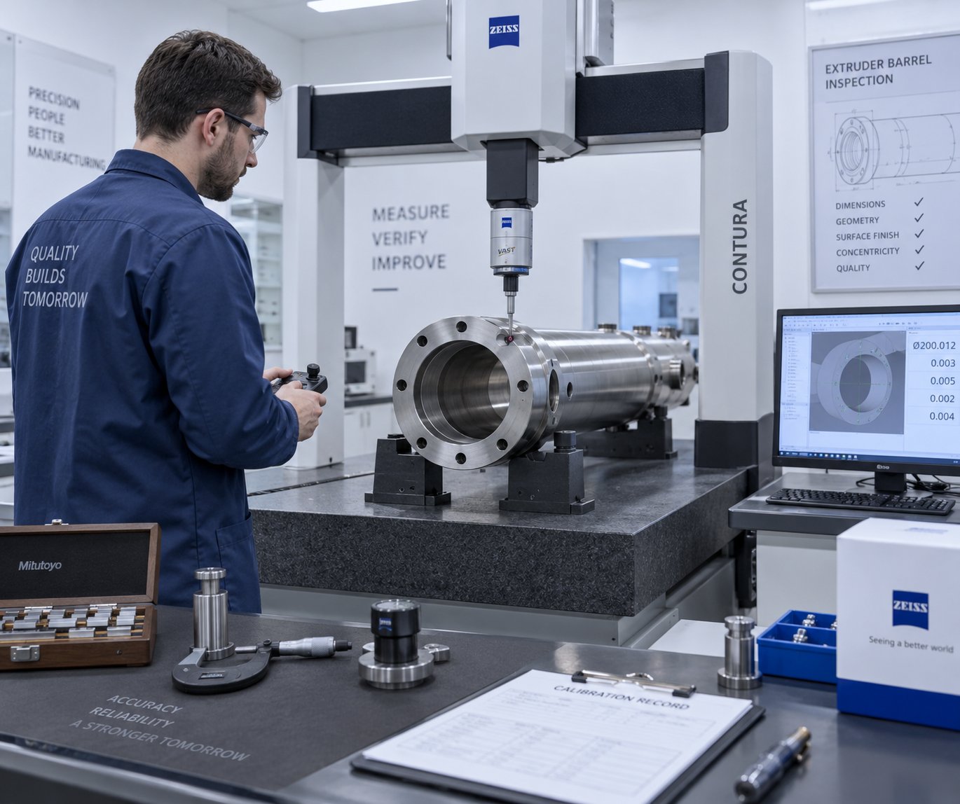 cmm inspection of a finished extruder barrel verifying bore tolerances and dimensional accuracy