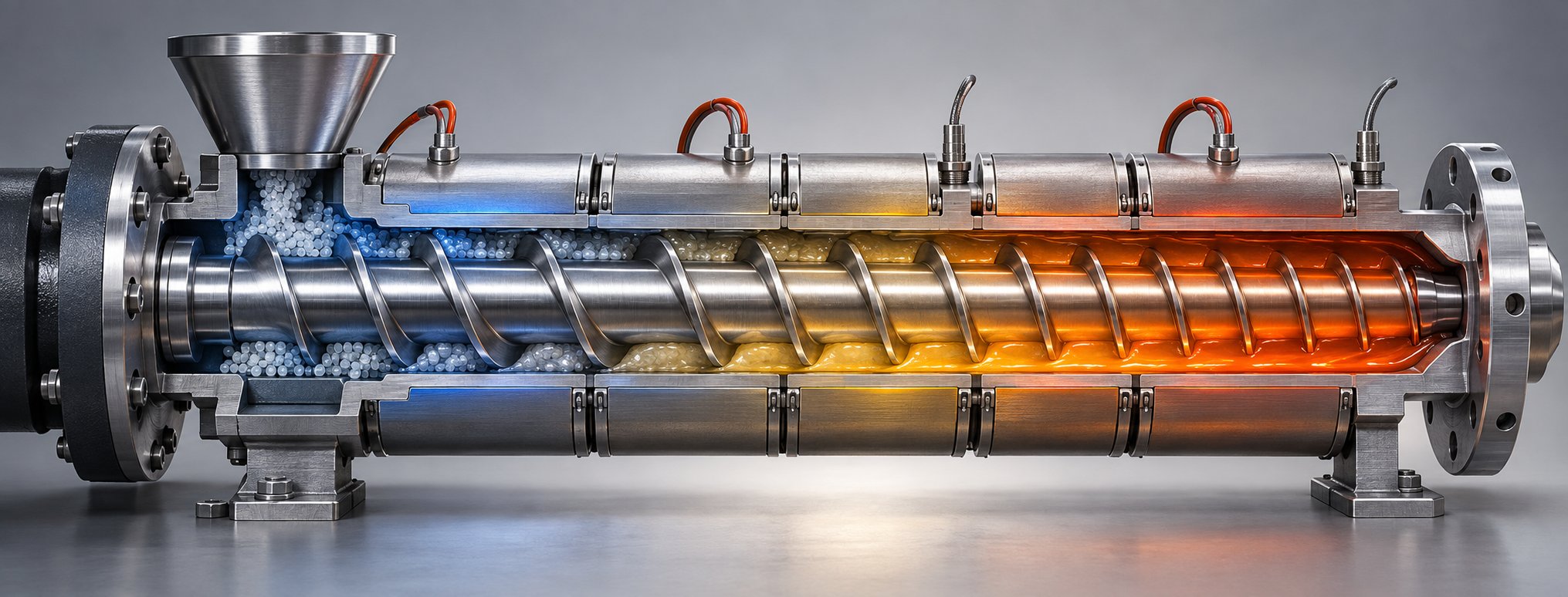 cutaway view of a single screw extruder barrel and screw %E2%80%94 wear in this assembly directly causes machine direction gauge instability