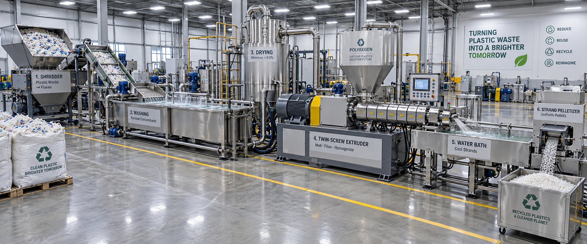 a complete plastic recycling extrusion line integrates upstream preparation the extruder and downstream pelletizing equipment