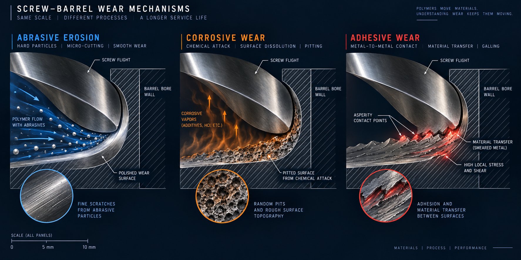 three primary wear mechanisms in extrusion abrasive corrosive and adhesive wear patterns on screw and barrel surfaces