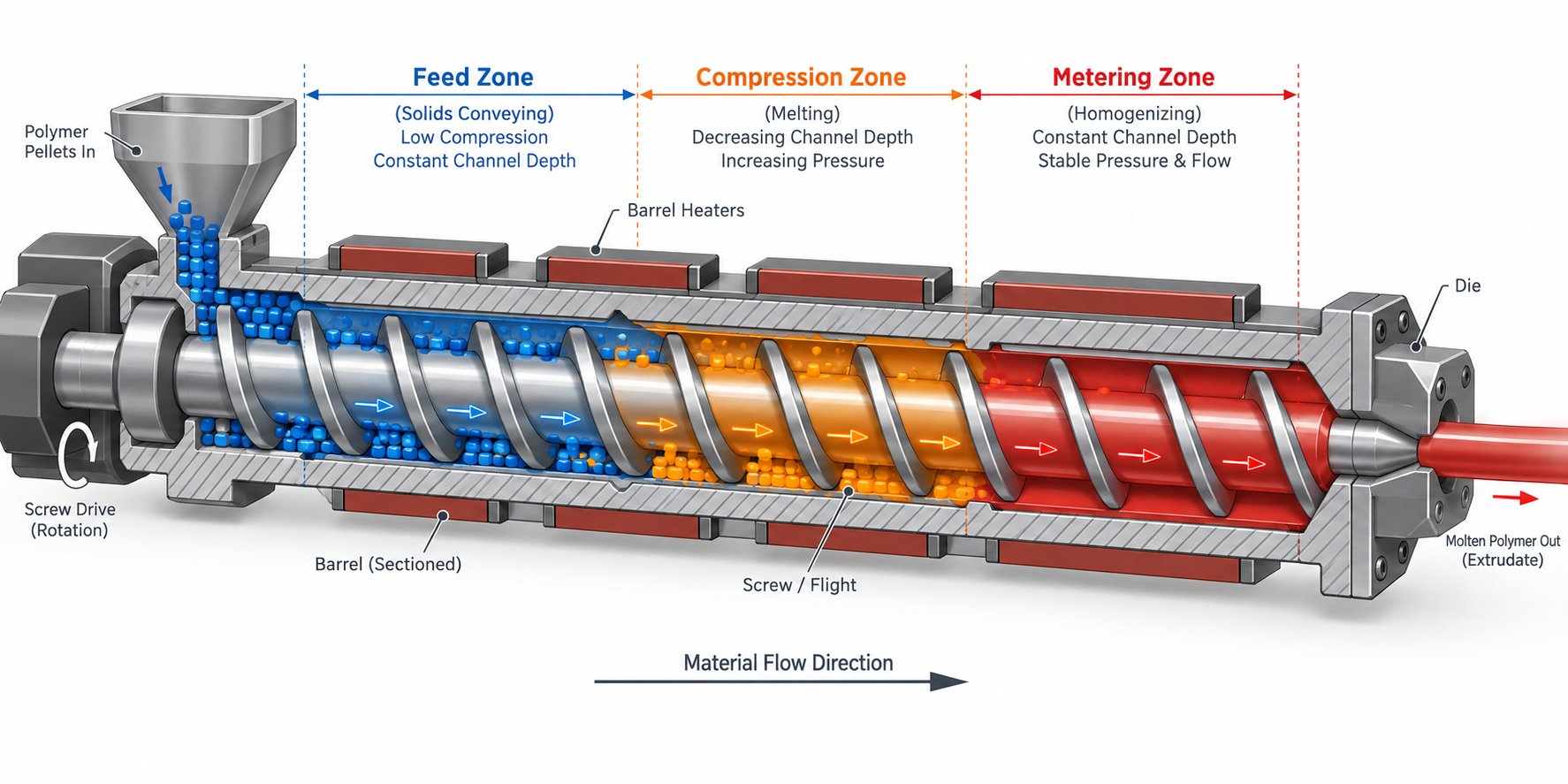 three functional zones of an extruder screw adapted for pvc processing