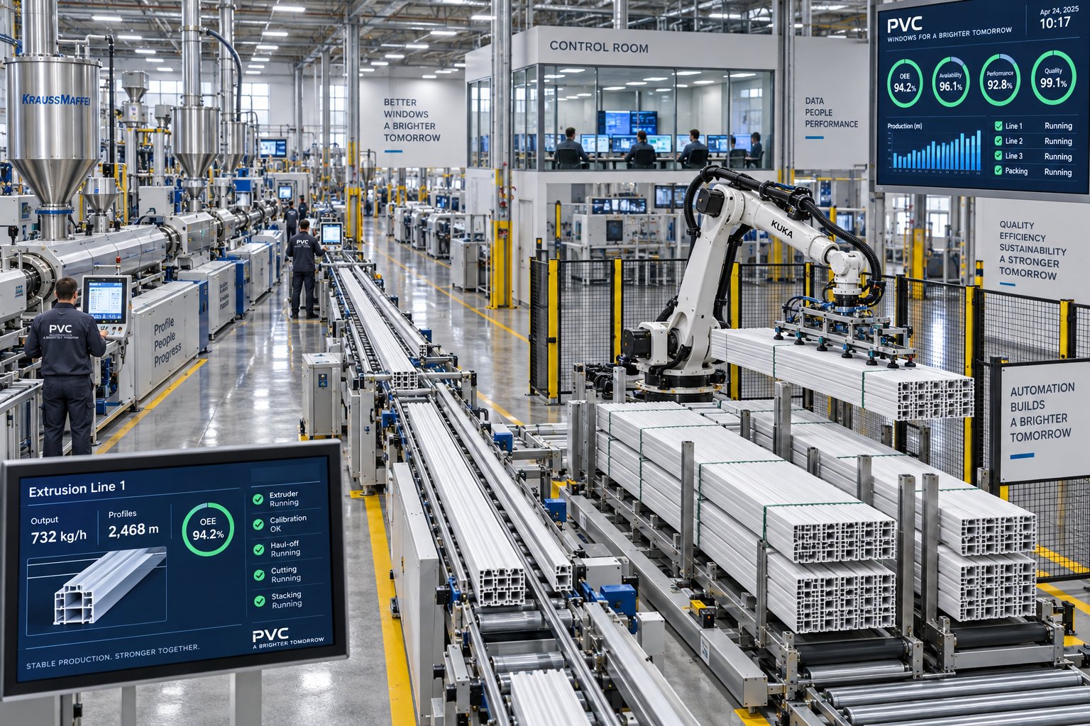 automated pvc window profile production facility with digital process monitoring and robotic stacking systems
