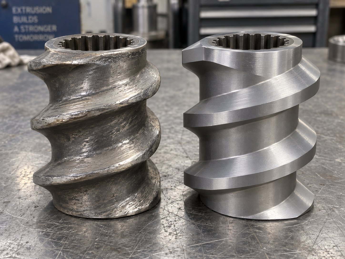 comparison of a worn screw element with rounded flight tips next to a new element with sharp machined edges