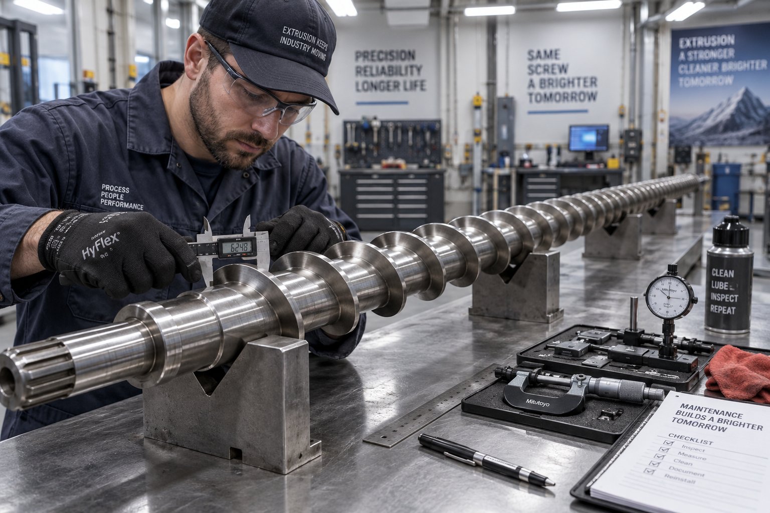 measuring extruder screw flight clearance during scheduled maintenance to detect wear before it impacts production