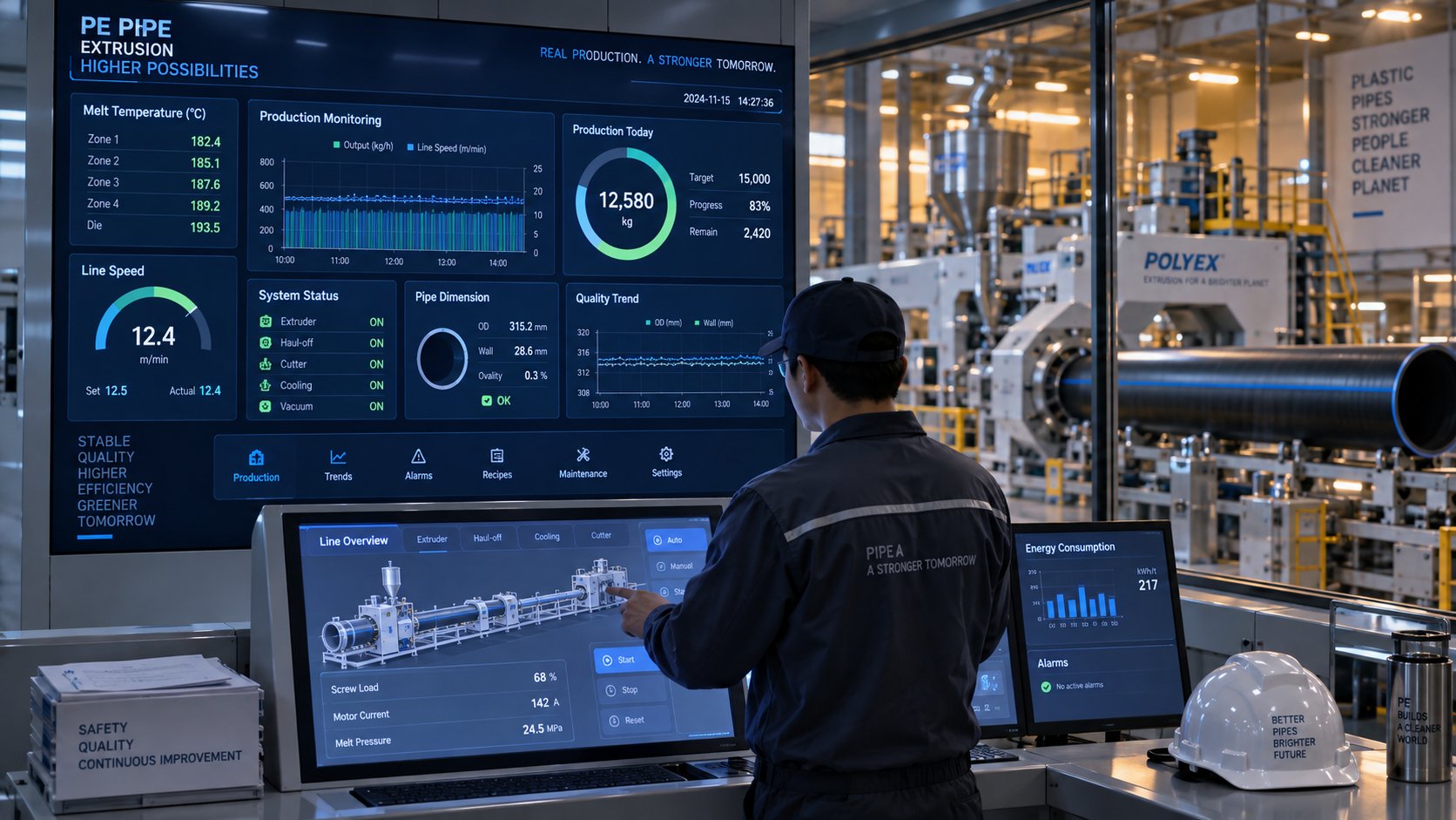 modern extrusion line control room with real time industry 40 monitoring and digital production dashboard