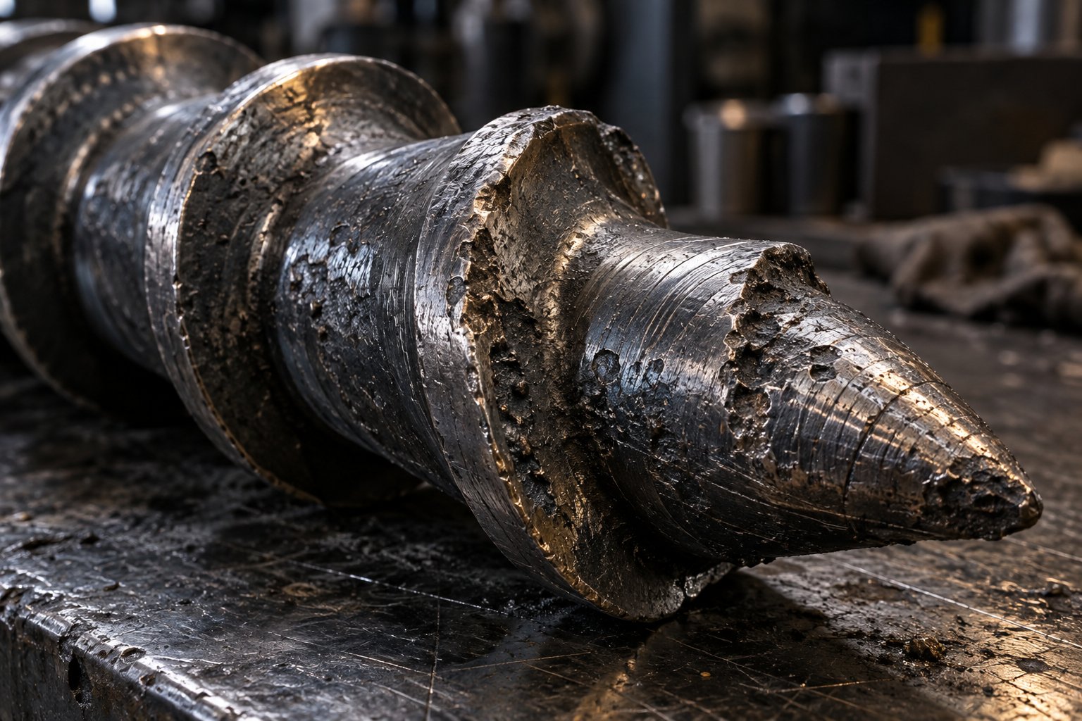worn extruder screw flight tips showing characteristic erosion patterns from abrasive processing conditions