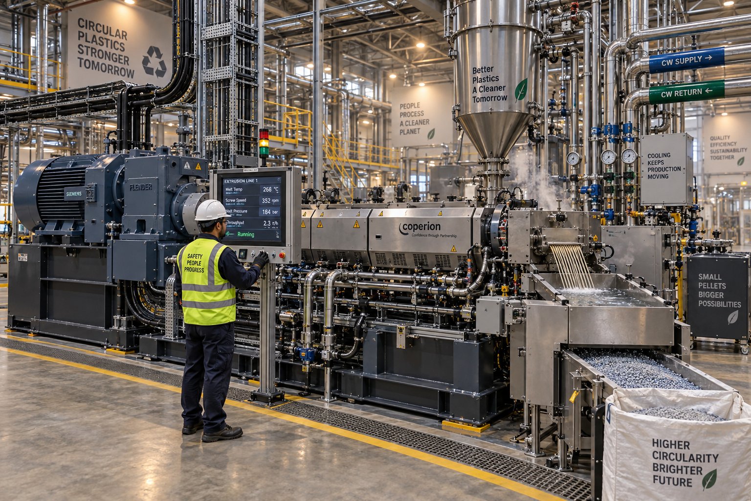 a high capacity pelletizing facility showing the extruder drive cooling infrastructure and control systems that scale with throughput