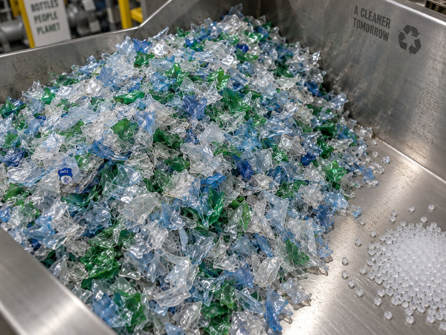 recycled pet flakes showing the color and shape variability that challenges extrusion processing
