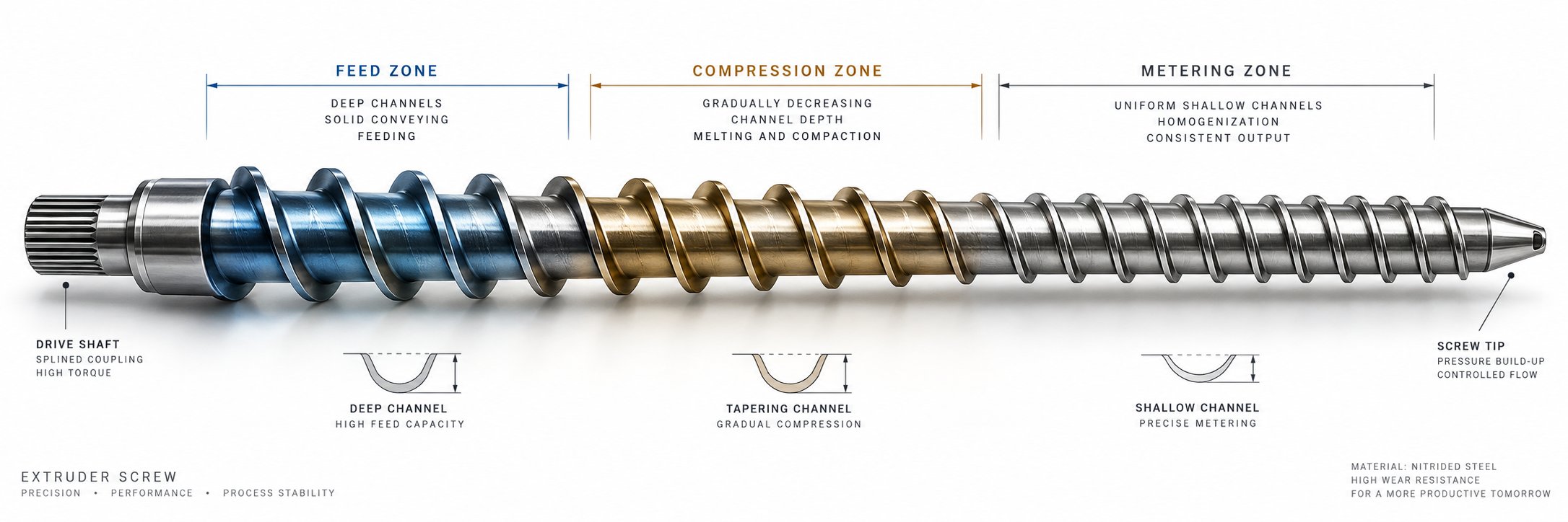 extruder screw showing feed compression and metering zones with varying channel depths