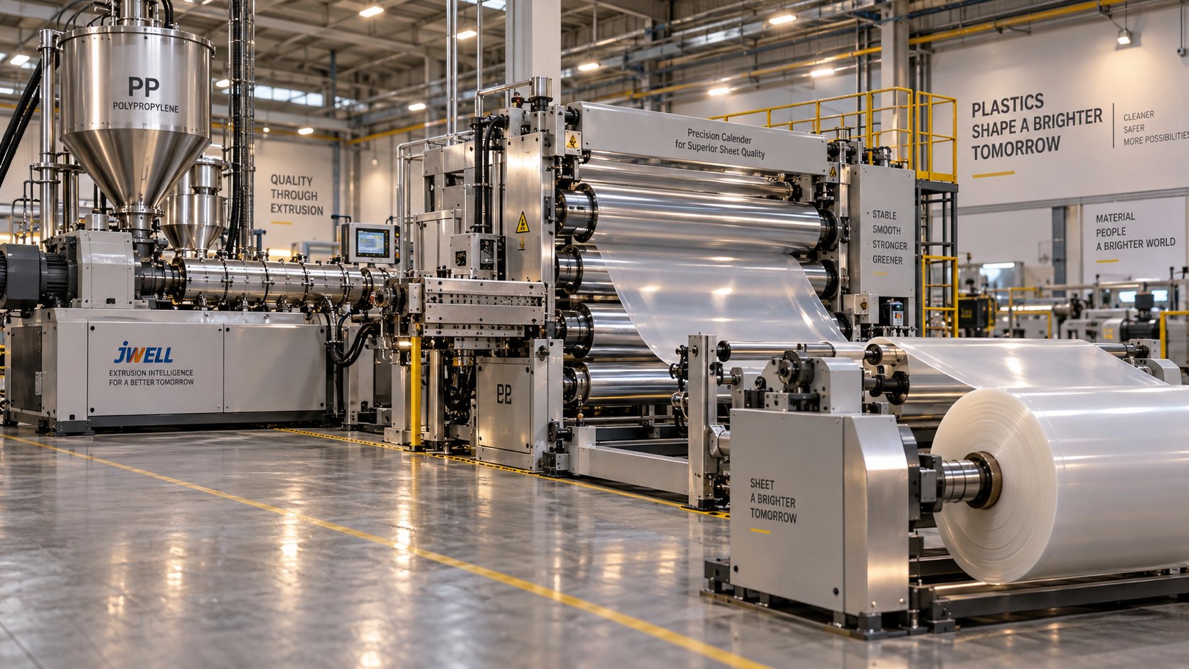 a complete pp sheet extrusion line producing continuous polypropylene sheet from pellet to finished roll
