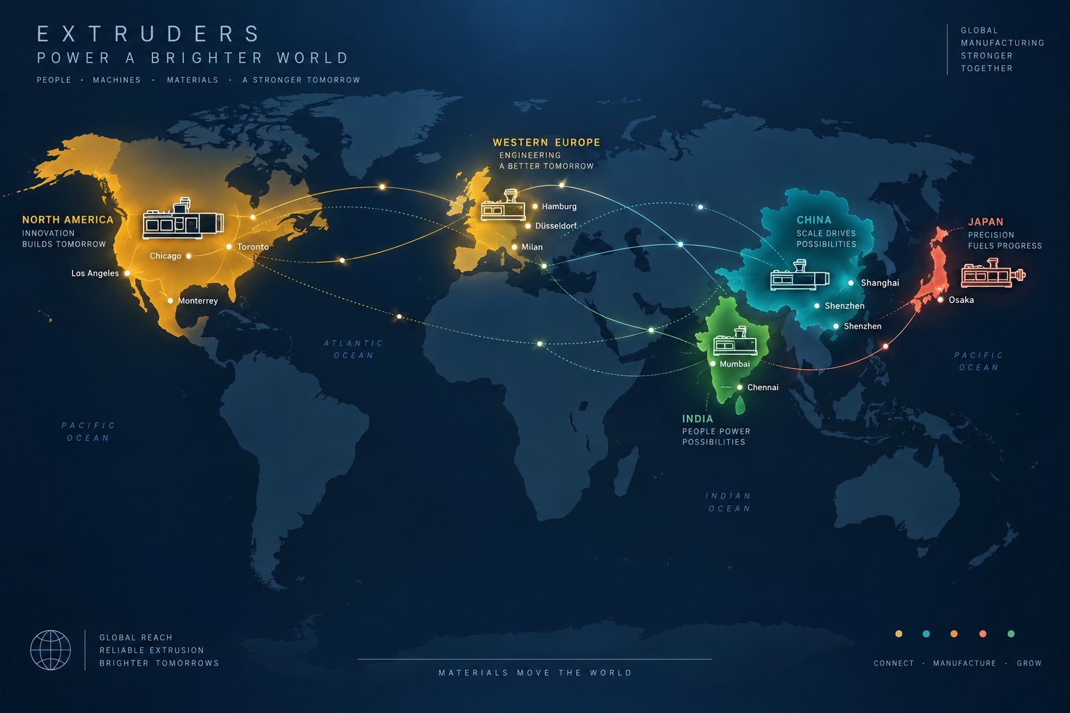 global map of major co rotating twin screw extruder manufacturing regions highlighting key hubs in europe china north america japan and india