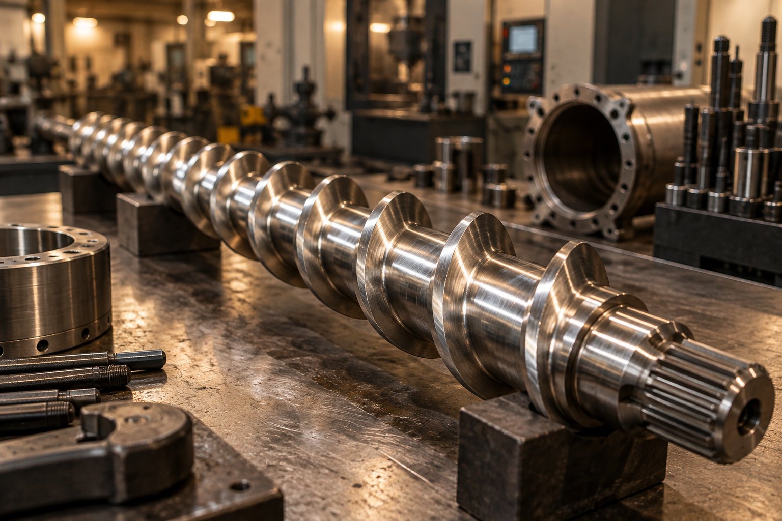 precision machined extruder screw showcasing flight geometry engineered by a specialized plastic extruder screw manufacturer