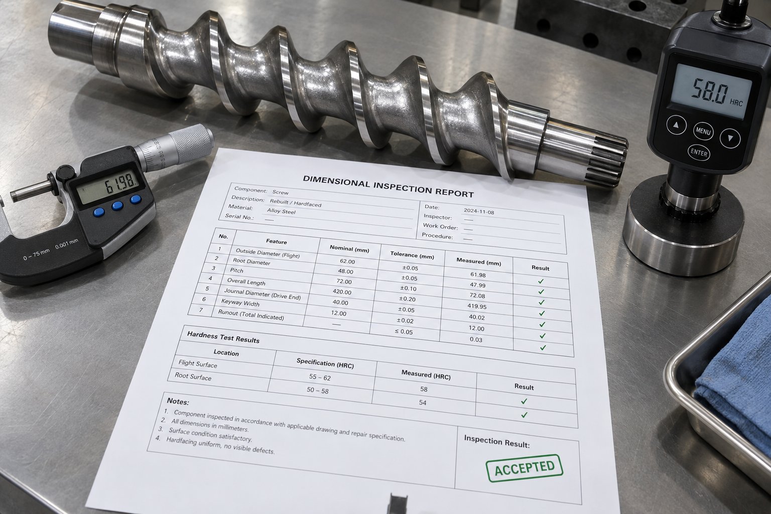 post repair inspection report and quality assurance documentation with rebuilt screw