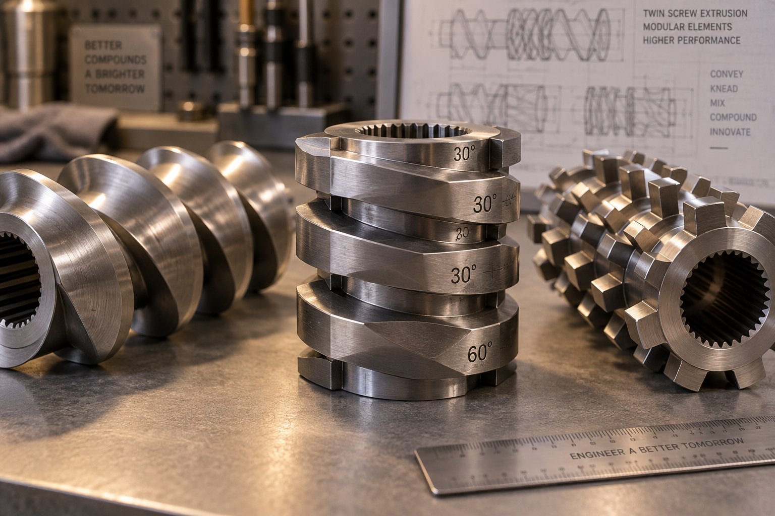 modular screw elements including conveying flights kneading blocks and mixing elements define melt quality in twin screw pelletizing