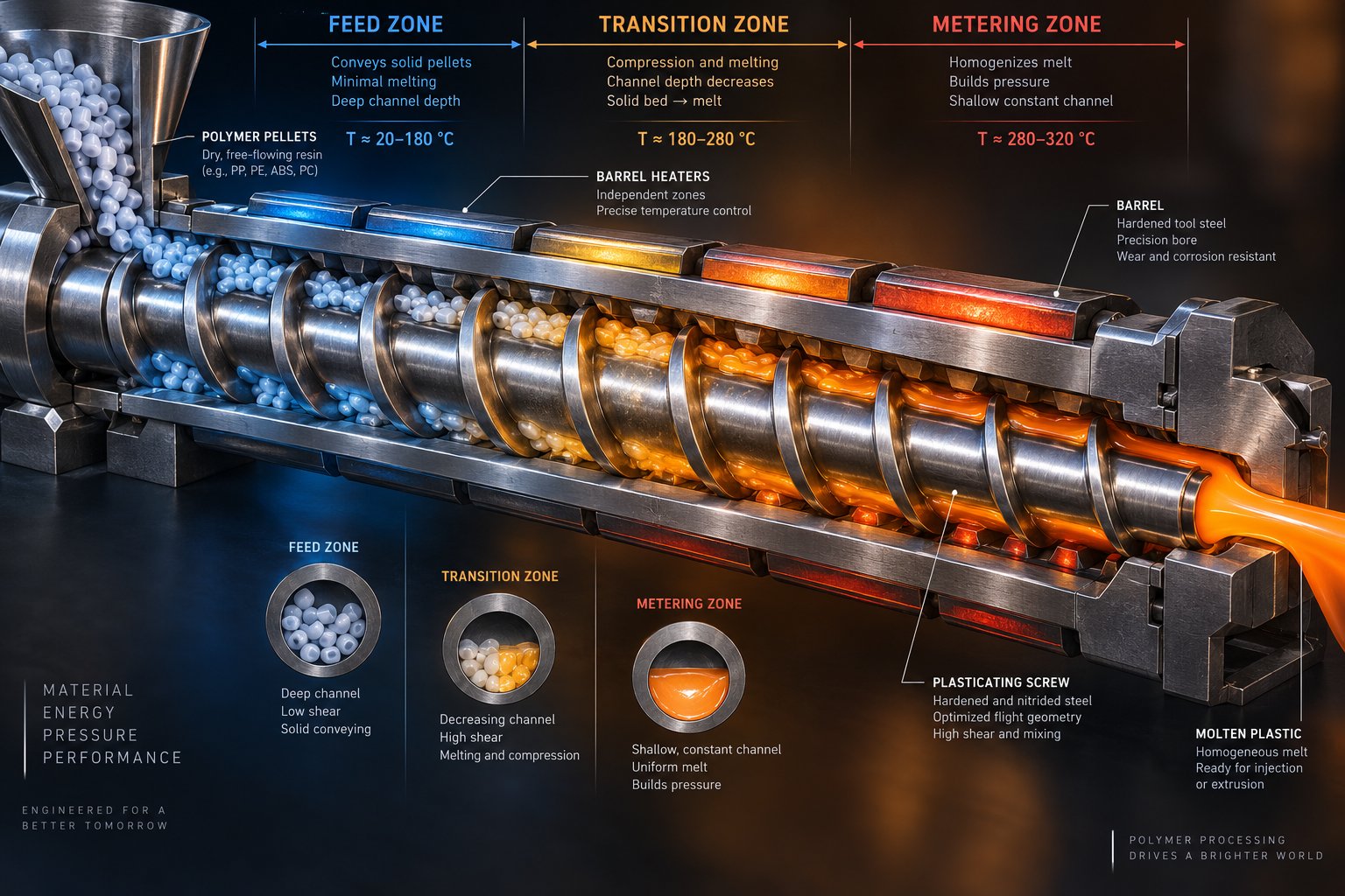 cutaway view of a plasticating screw barrel system showing feed transition and metering zones