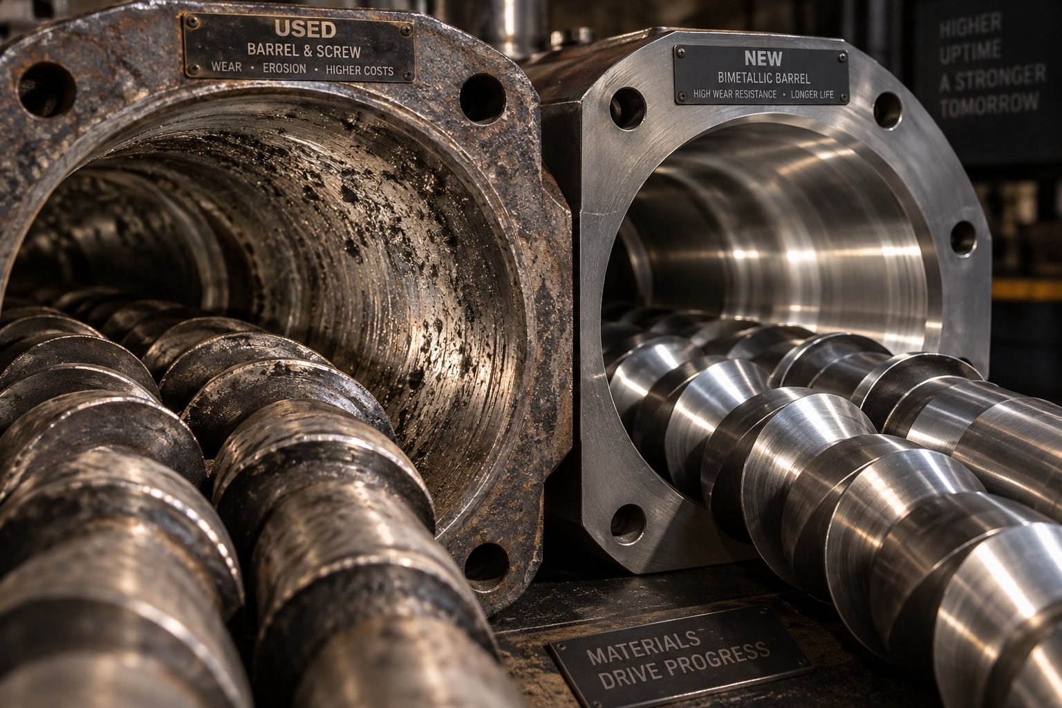 worn versus new bimetallic barrel liner showing corrosion abrasion wear typical in pvc twin screw extrusion