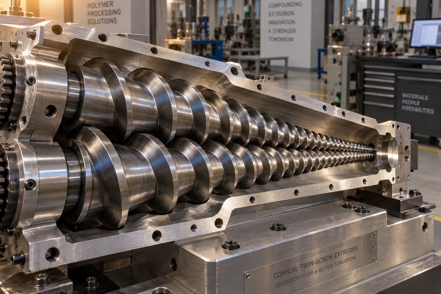 conical twin screw extruder barrel showing the tapered screw geometry used in pvc profile extrusion