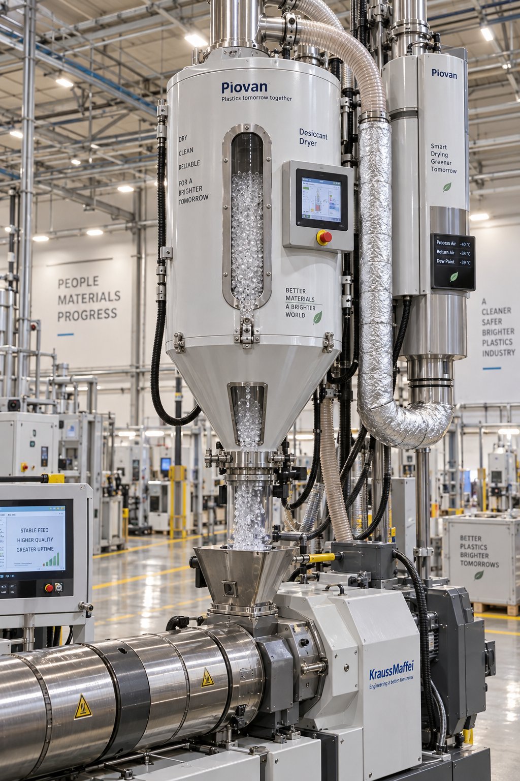 desiccant drying system feeding pre dried resin to the extruder to prevent moisture related extrusion defects