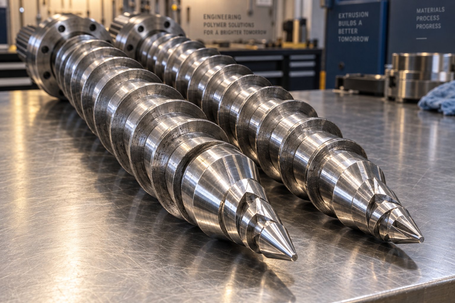 conical twin screws showing the tapered geometry designed for rigid pvc plasticizing
