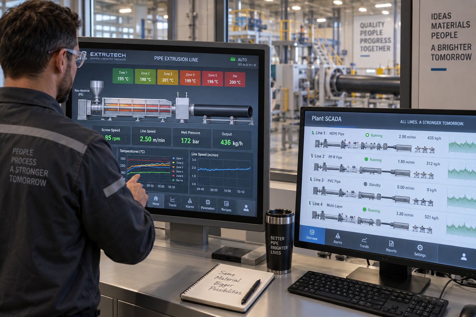 operator monitoring a pe pipe extrusion line through a modern hmi touchscreen and scada control system