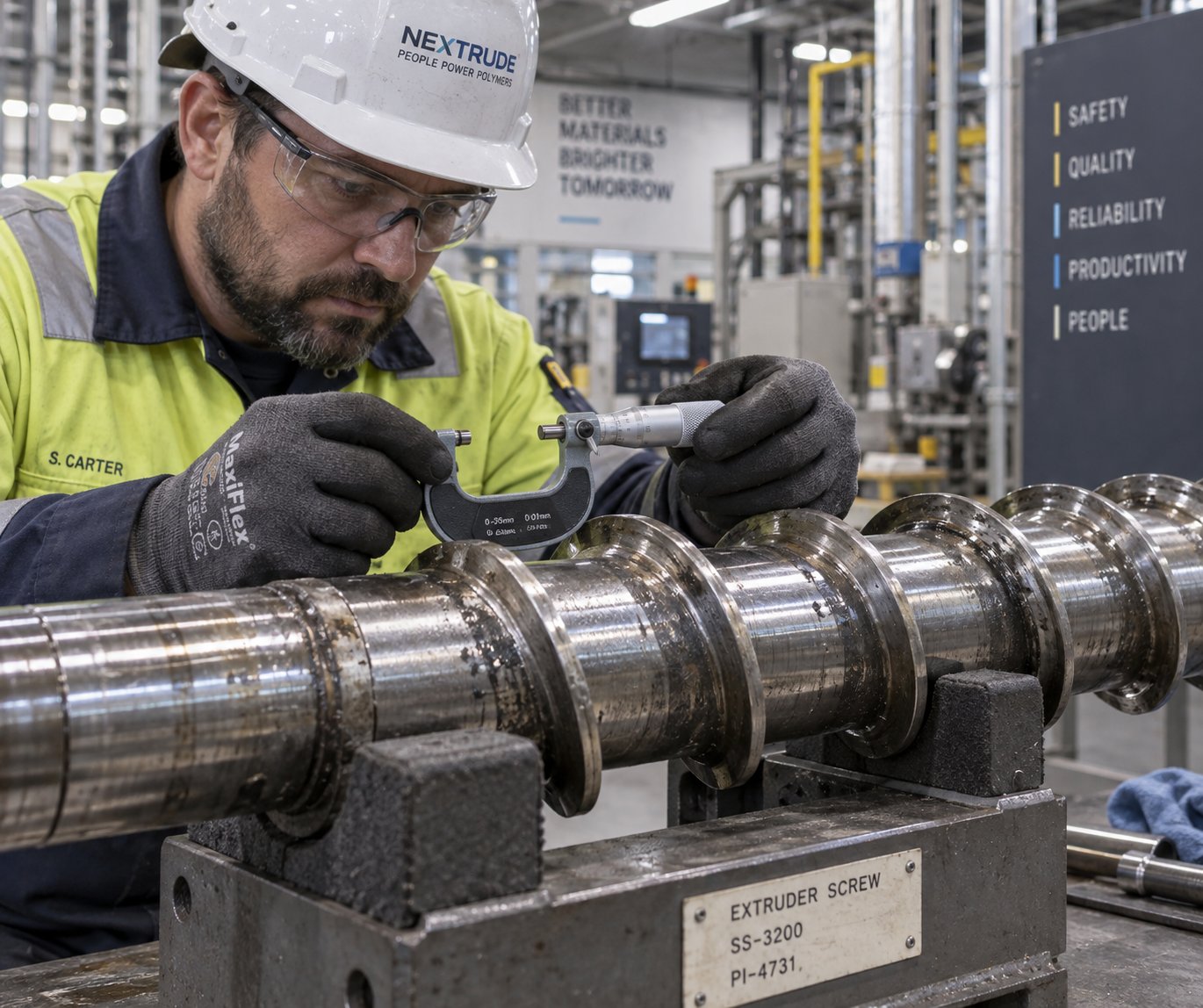 a technician measuring extruder screw flight dimensions during a scheduled maintenance inspection
