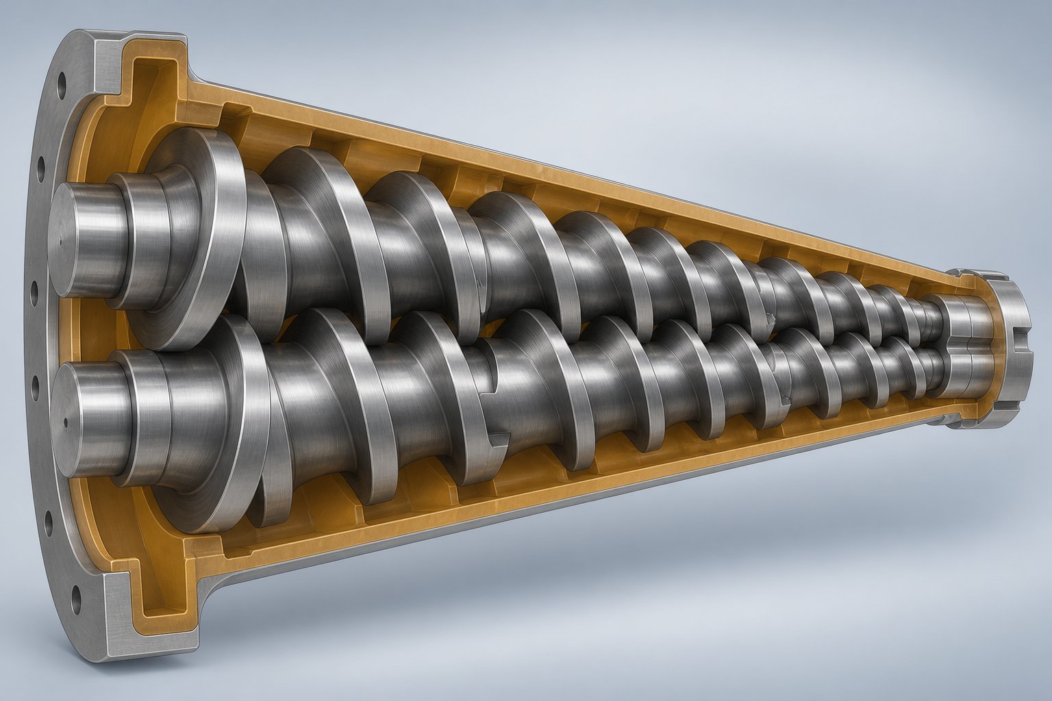 cutaway view of tapered intermeshing screws inside a conical barrel illustrating the natural compression gradient from feed to discharge