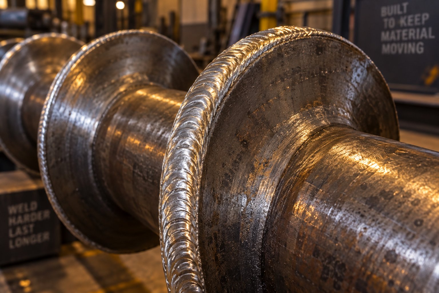 hard facing alloy weld overlay applied to a screw flight land during rebuild