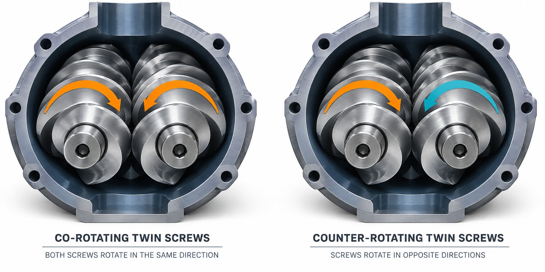 cross section comparison of co rotating and counter rotating twin screw configurations inside a barrel