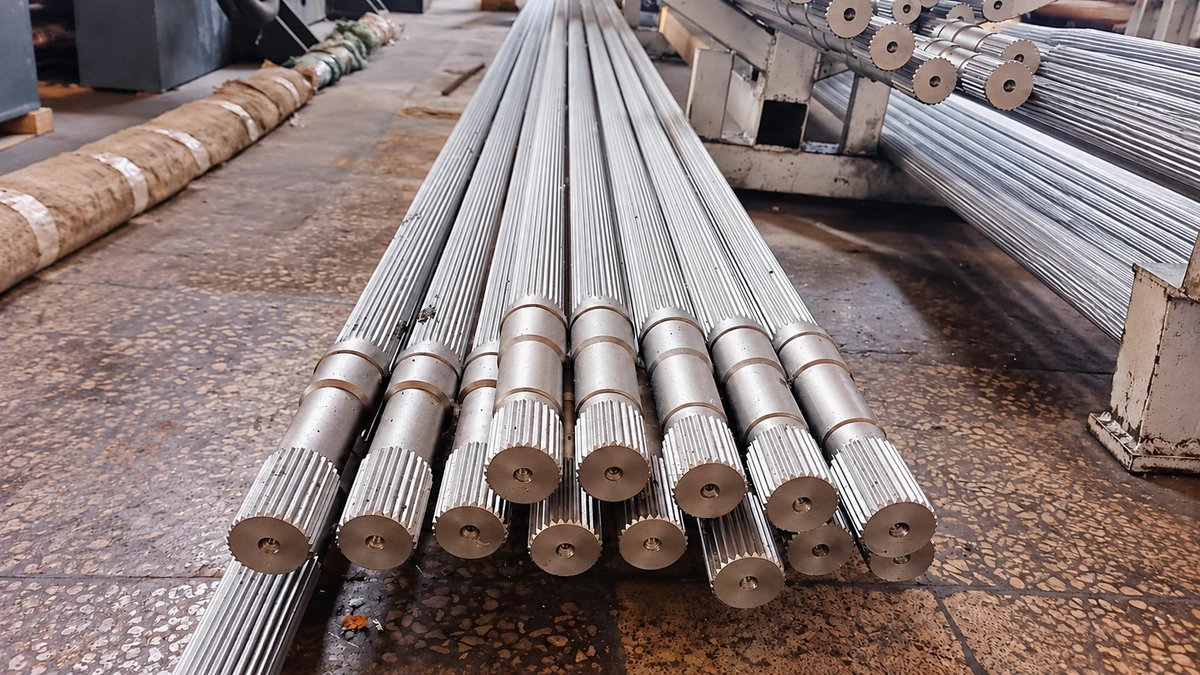 Bundle of long splined extruder core shafts with machined ends on a workshop support