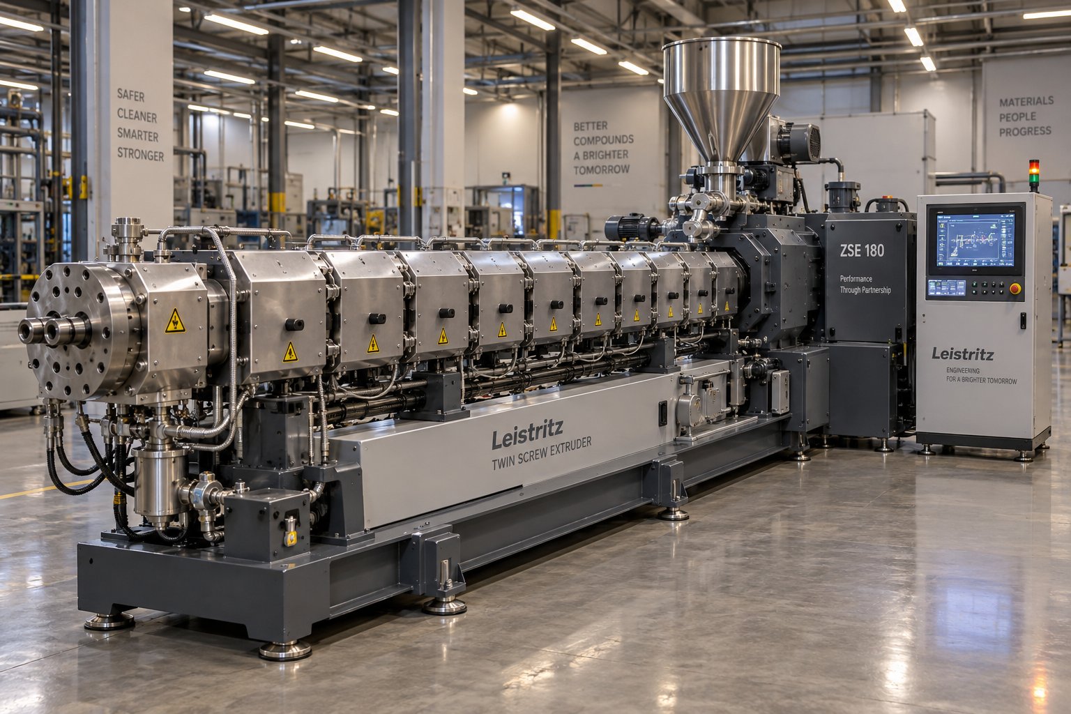 parallel twin screw extruder on a production floor highlighting barrel segments gearbox and control system
