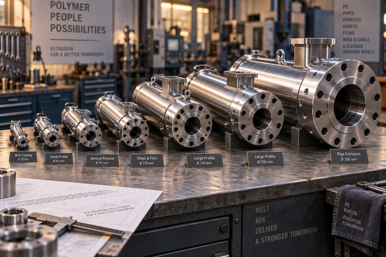 range of single screw barrels sized for different pe applications from wire coating to pipe extrusion