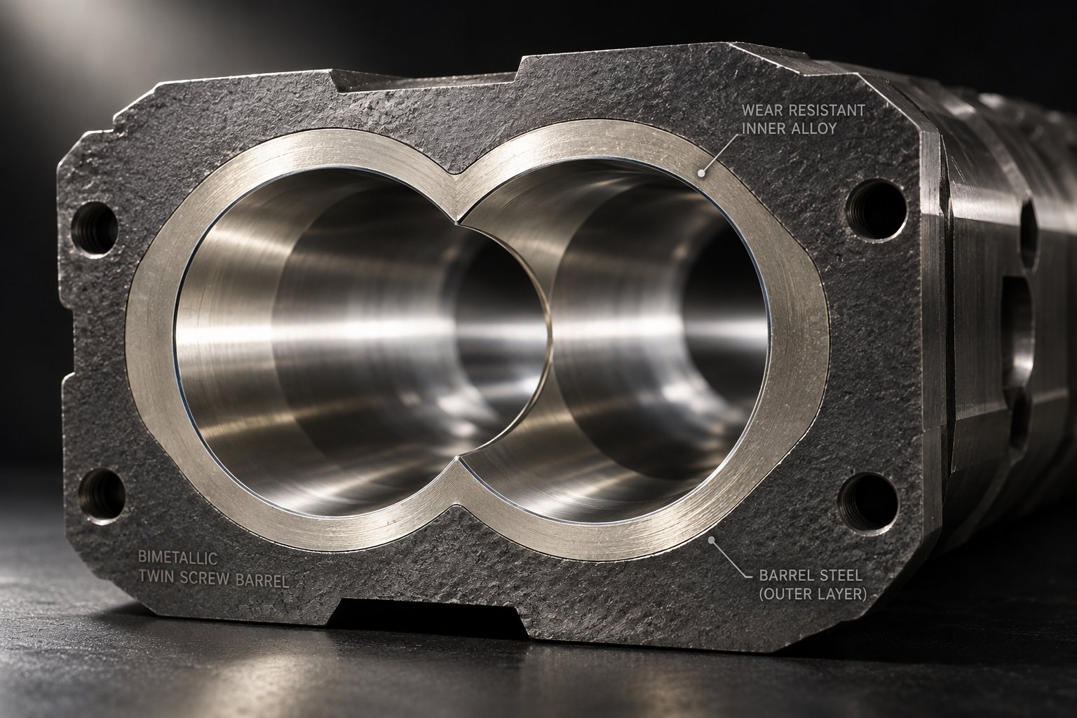 bimetallic twin screw barrel cross section showing the wear resistant inner liner and precision bore geometry