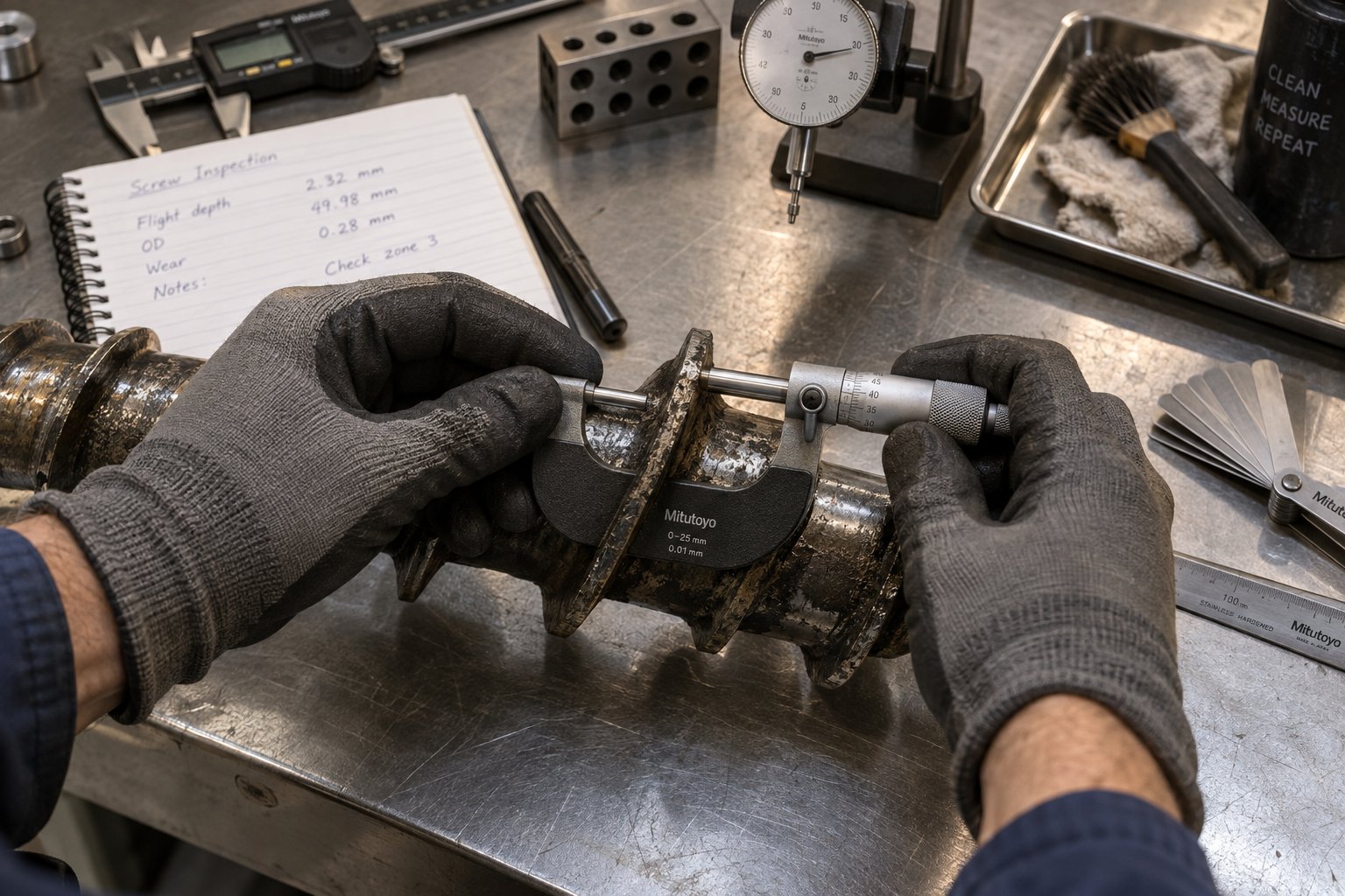 precision measurement of screw flight wear during scheduled pvc extruder maintenance