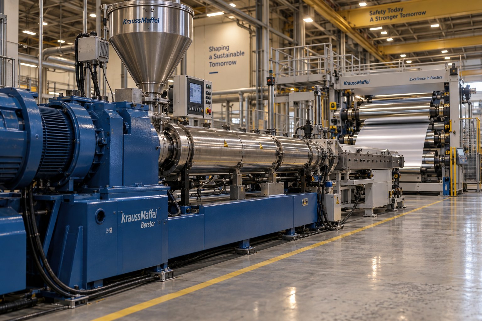 single screw extruder integrated with a flat die and chill roll stack for continuous thermoplastic sheet production
