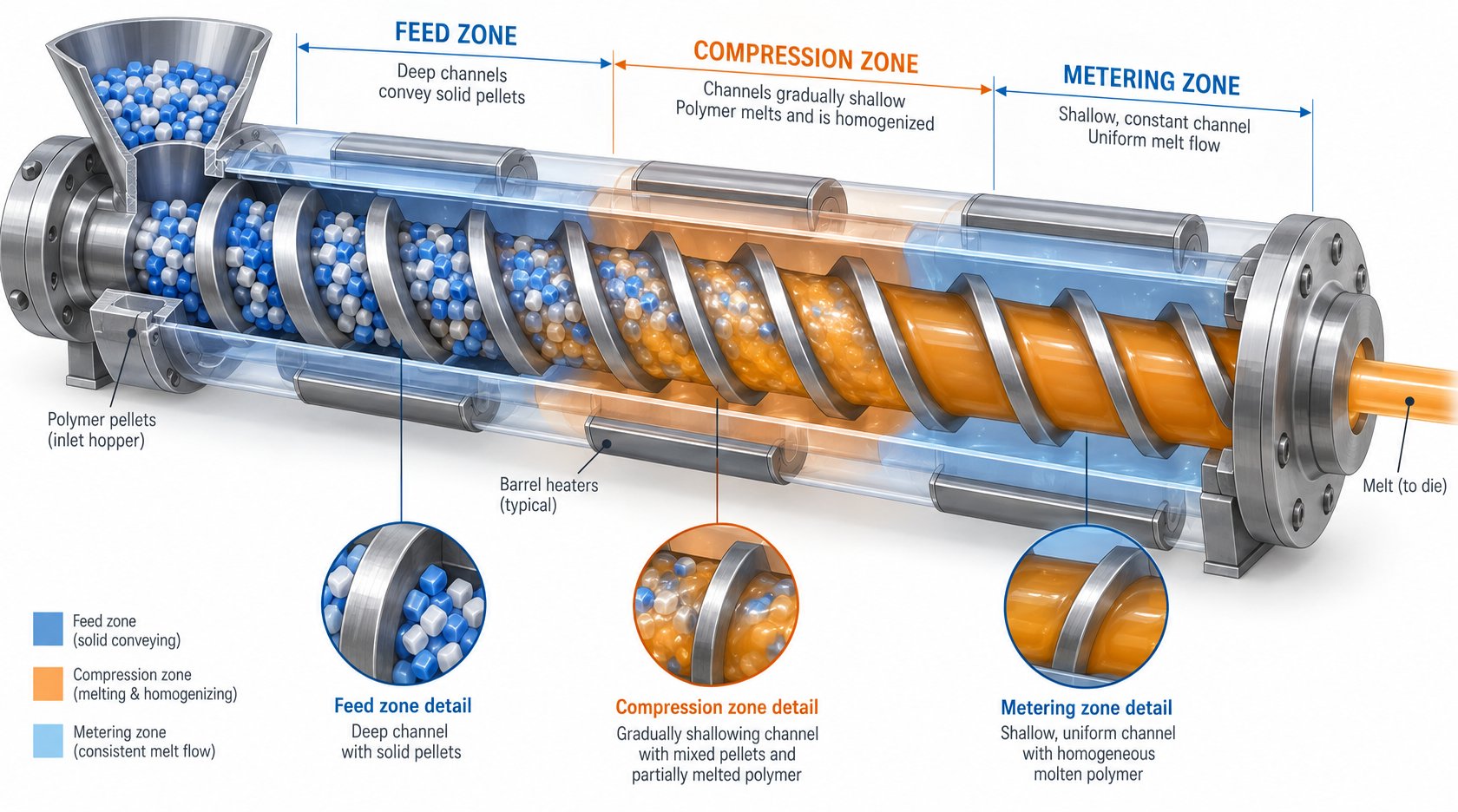 cutaway view of a three zone extrusion screw illustrating feed compression and metering zone channel depth progression