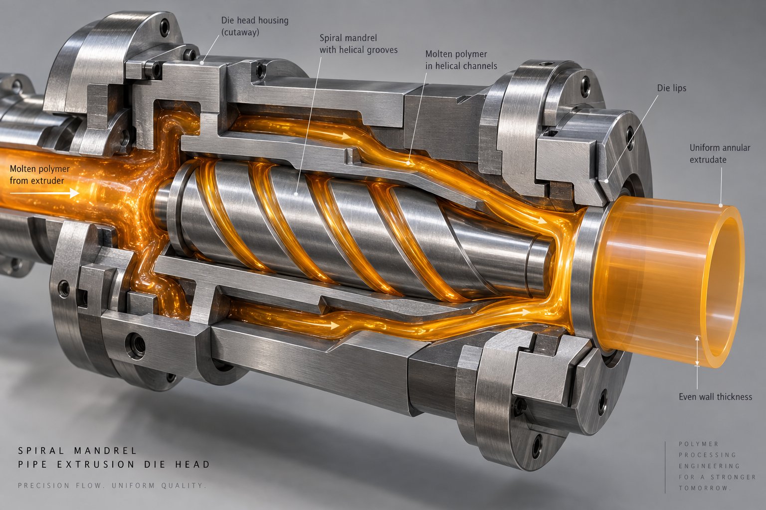cross section of a spiral mandrel die head showing how melt distributes evenly to form a uniform pipe wall