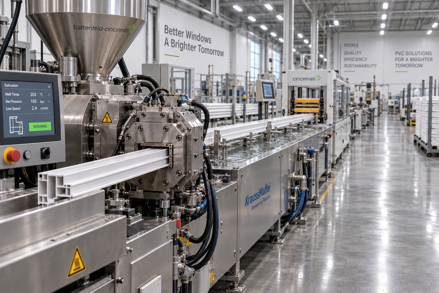a complete pvc window profile extrusion line in operation from twin screw extruder through calibration and cooling to finished profiles