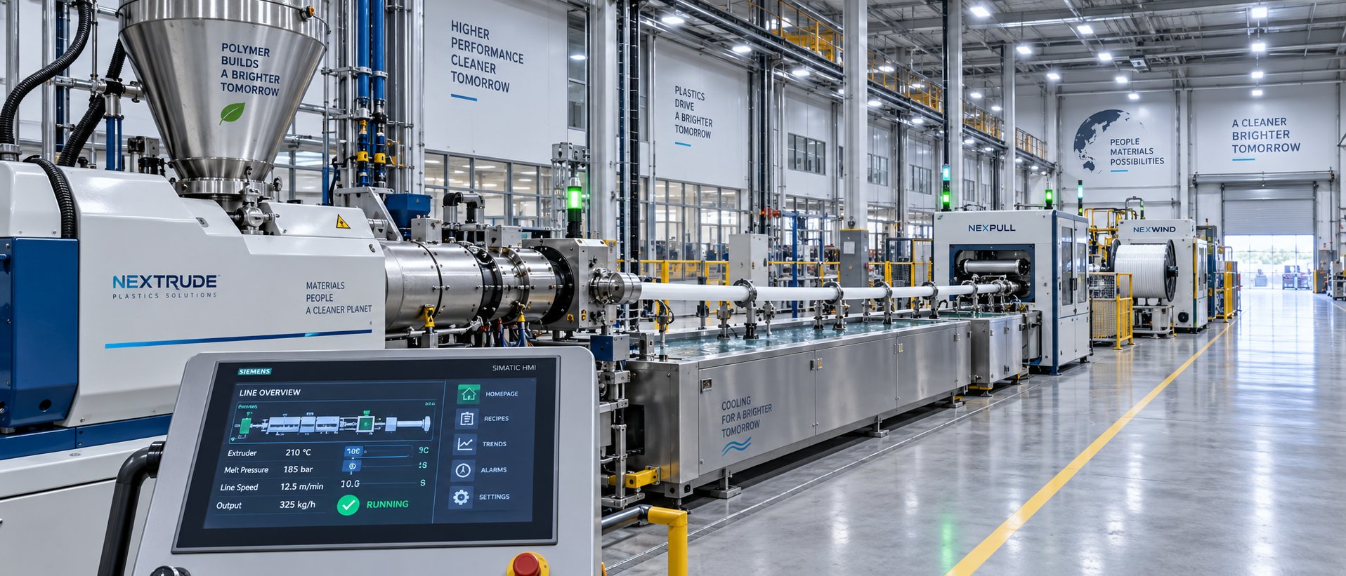 complete industrial plastic extrusion line from extruder to downstream winding equipment