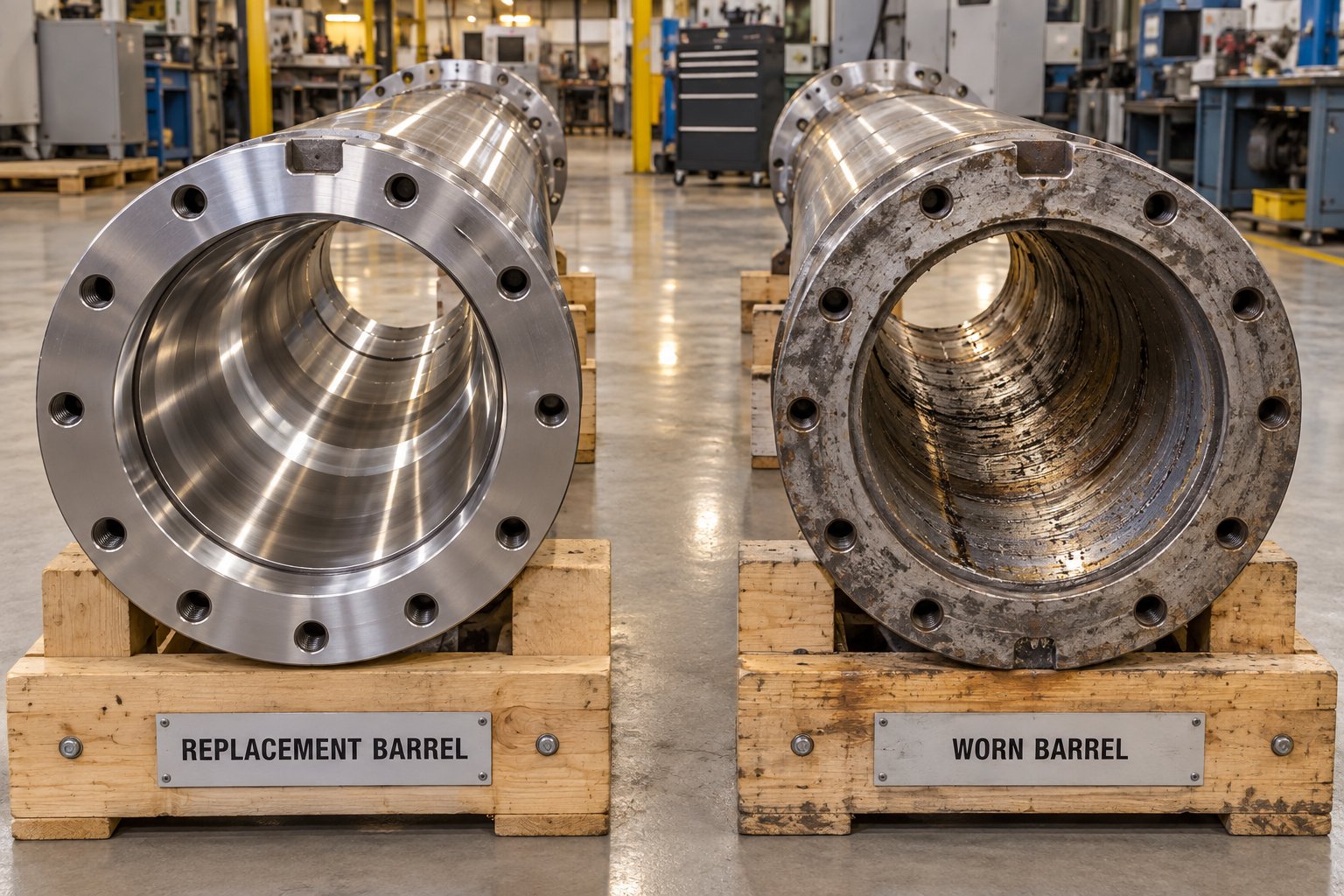 comparing a worn barrel against a new replacement highlights the bore degradation that drives the replace vs repair decision