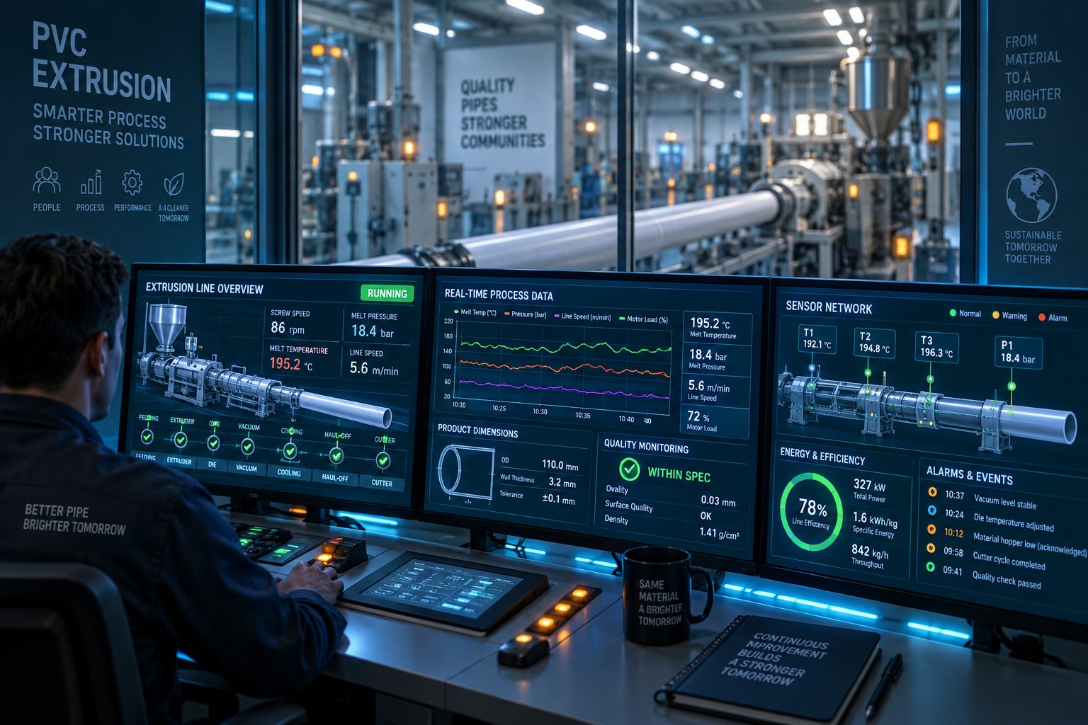 a smart extrusion monitoring control room with real time digital dashboards overseeing pvc pipe production
