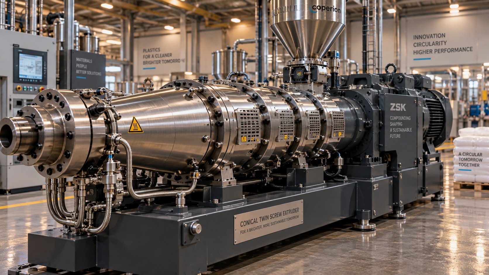 a conical twin screw extruder on a production floor showing the tapered barrel design central to pvc processing