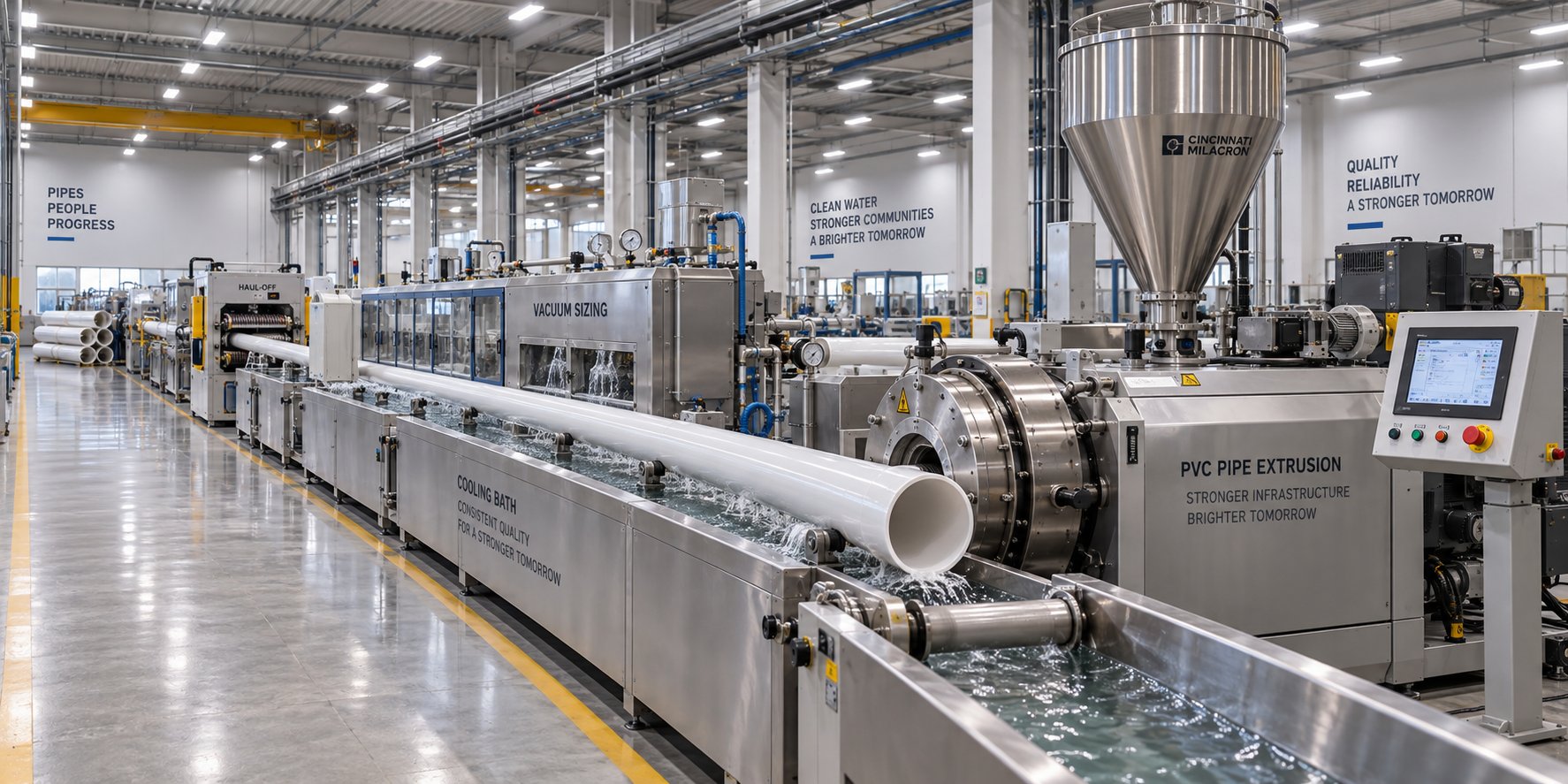 a complete pvc water pipe extrusion line showing integrated stations from extruder to finished pipe output