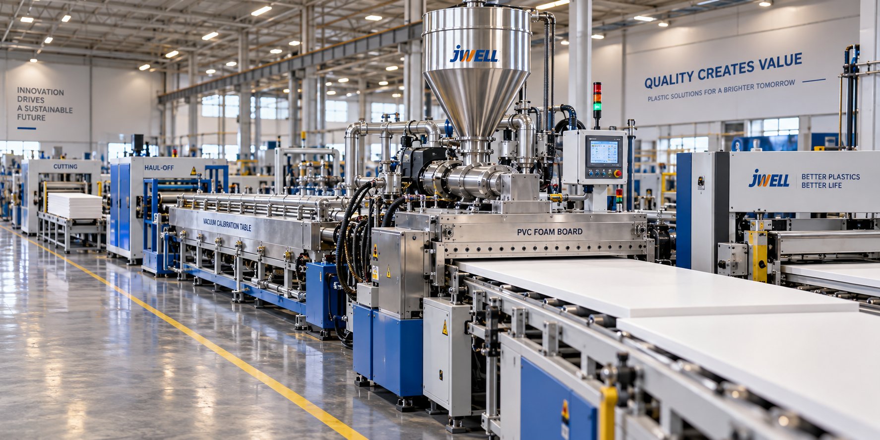 a complete pvc foam board production line from extruder to cutting station in a modern factory setting